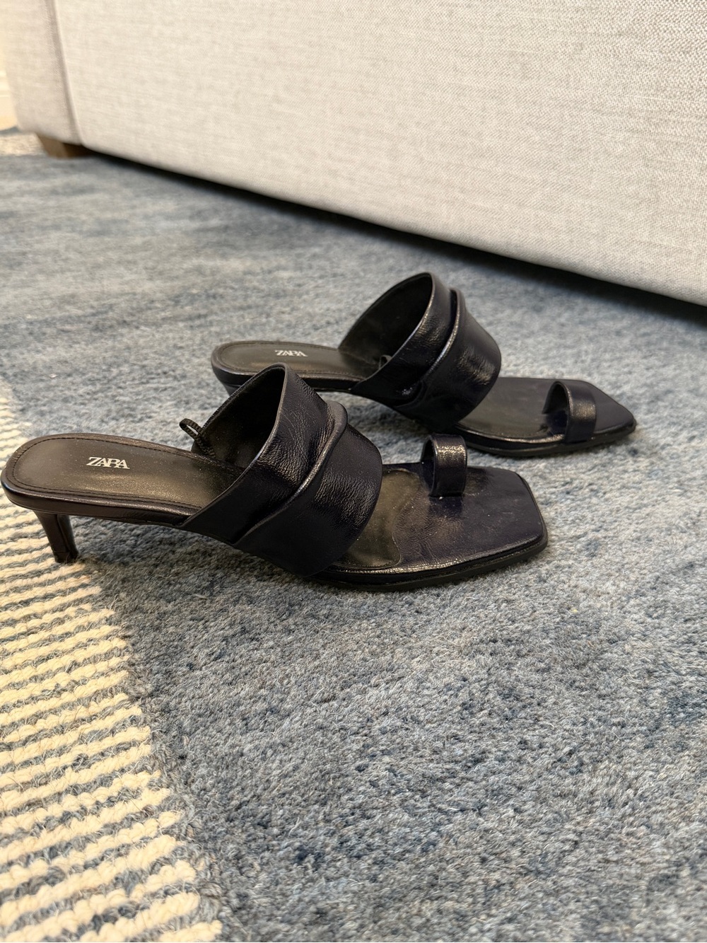 Zara Deep Navy Leather Strap Kitten Heels